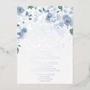 Dusty Blue Floral Quinceanera Butterfly Silver Folieneinladung
