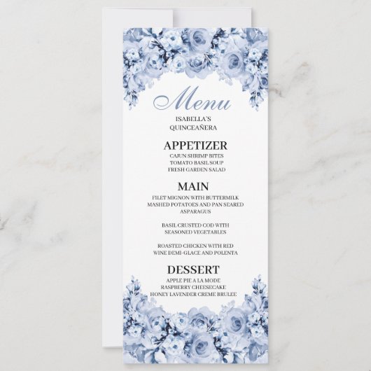 Dusty Blue Floral Quinceanera Menü Einladung (Vorderseite)