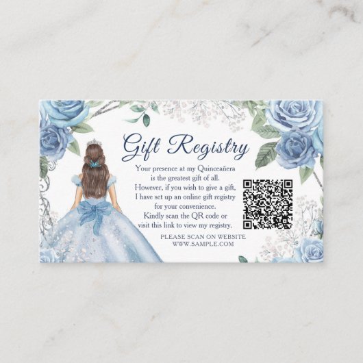 Dusty Blue Floral Quinceañera QR Gift Registry Begleitkarte (Vorderseite)