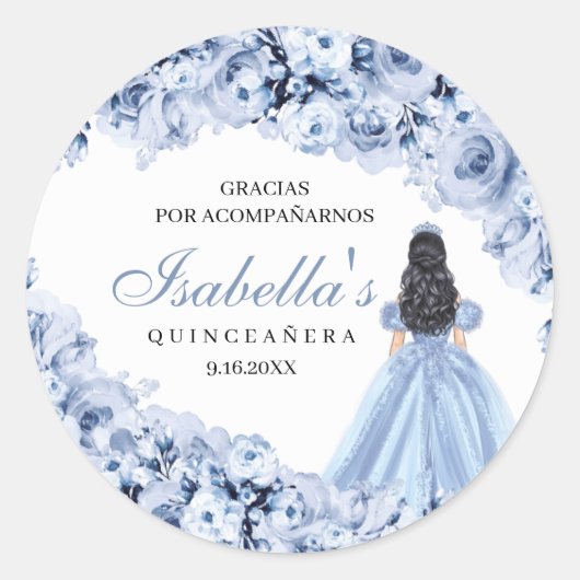 Dusty Blue Floral Quinceanera Round Stickers (Vorderseite)
