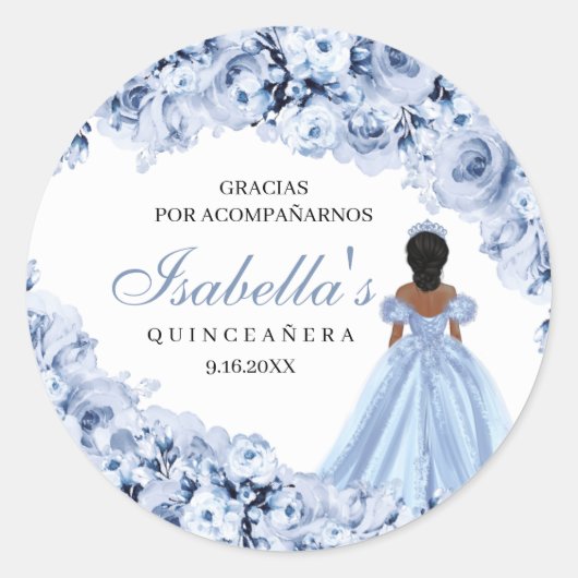 Dusty Blue Floral Quinceanera Round Stickers (Vorderseite)