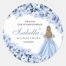 Dusty Blue Floral Quinceanera Round Stickers