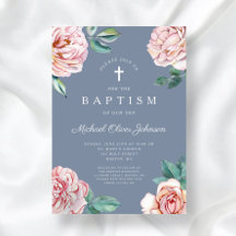 Dusty Blue Floral Religious Cross Boy Taufe