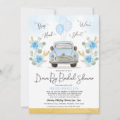 Dusty Blue Floral Retro Auto mit Brautparty Einladung (Vorderseite)