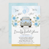 Dusty Blue Floral Retro Auto mit Brautparty Einladung (Vorne/Hinten)