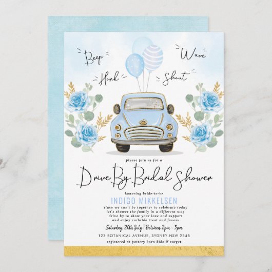 Dusty Blue Floral Retro Auto mit Brautparty Einladung (Vorne/Hinten)