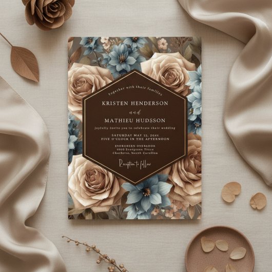 Dusty Blue Floral Romantic Wedding Einladung