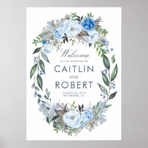 Dusty Blue Floral Romantic Wedding Willkommen Poster