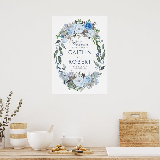 Dusty Blue Floral Romantic Wedding Willkommen Poster (Küche)