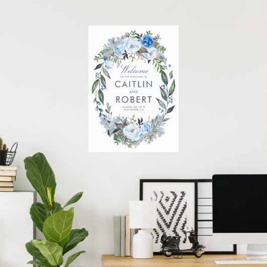 Dusty Blue Floral Romantic Wedding Willkommen Poster (Heimbüro)