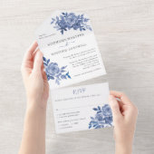 Dusty Blue Floral Rose Foliage Hochzeit All In One Einladung (Abreißen)