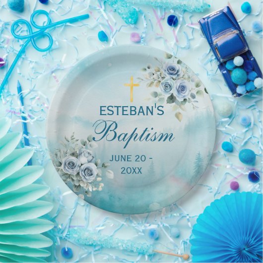 Dusty Blue Floral Rose Pappteller (Party)