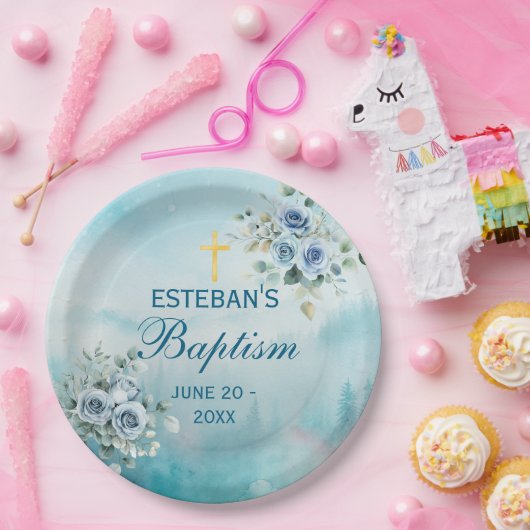 Dusty Blue Floral Rose Pappteller (Party)