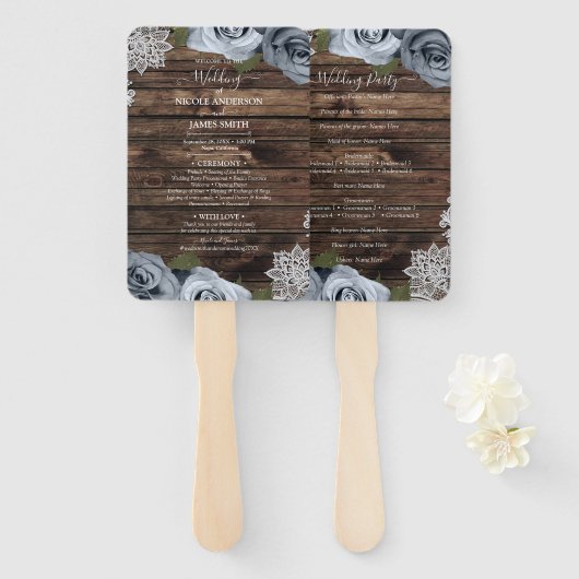Dusty Blue Floral Rose Rustic Wood Lace Wedding Fächer (Vorne und Hinten)