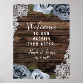 Dusty Blue Floral Rose Rustic Wood & Lace Wedding Poster