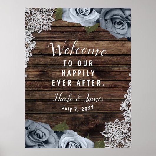 Dusty Blue Floral Rose Rustic Wood & Lace Wedding Poster (Vorne)