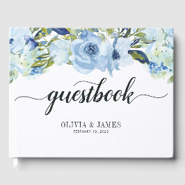 Dusty Blue Floral Rose Watercolor Foliage Wedding Gästebuch