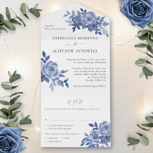 Dusty Blue Floral Roses Foliage Wedding All In One Einladung