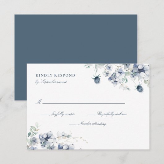 Dusty Blue Floral RSVP Card Karte (Vorne/Hinten)