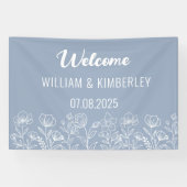 Dusty Blue Floral Rustic Simple Modern Wedding Banner (Horizontal)