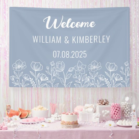 Dusty Blue Floral Rustic Simple Modern Wedding Banner (Party)