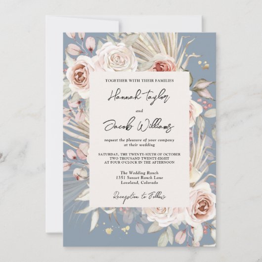 Dusty Blue Floral Rustic Wedding Einladung (Vorderseite)