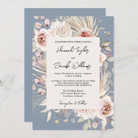 Dusty Blue Floral Rustic Wedding Einladung (Vorne/Hinten)