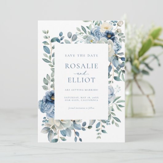 Dusty Blue Floral Save the Date Boho Save the Date Einladung (Stehend Vorderseite)