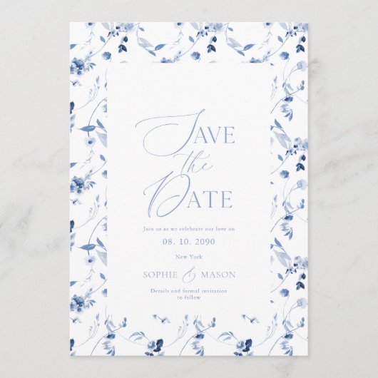Dusty Blue Floral Save the Date Card Einladung (Vorderseite)
