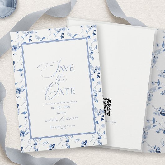 Dusty Blue Floral Save the Date Card Einladung