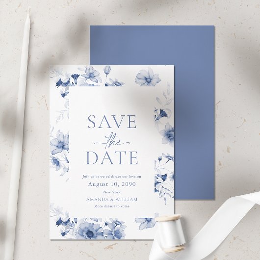 Dusty Blue Floral Save the Date Card Einladung