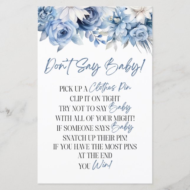 Dusty Blue Floral Say Baby Shower Game (Vorderseite)
