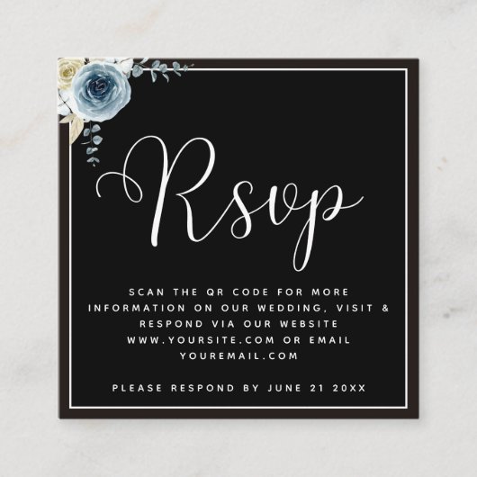 Dusty Blue Floral Schwarz-weiß Wedding RSVP QR Cod Begleitkarte (Vorderseite)