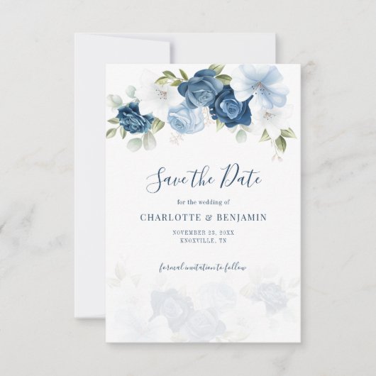 Dusty Blue Floral Script Botanical Wedding Save The Date (Vorderseite)