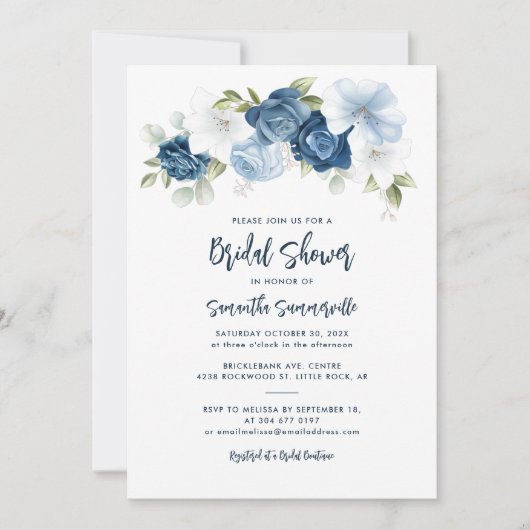 Dusty Blue Floral Script Brautparty Einladung (Vorderseite)