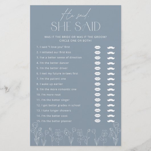 Dusty Blue Floral Script Brautparty Game (Vorderseite)