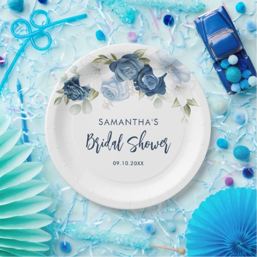 Dusty Blue Floral Script Brautparty Pappteller (Party)
