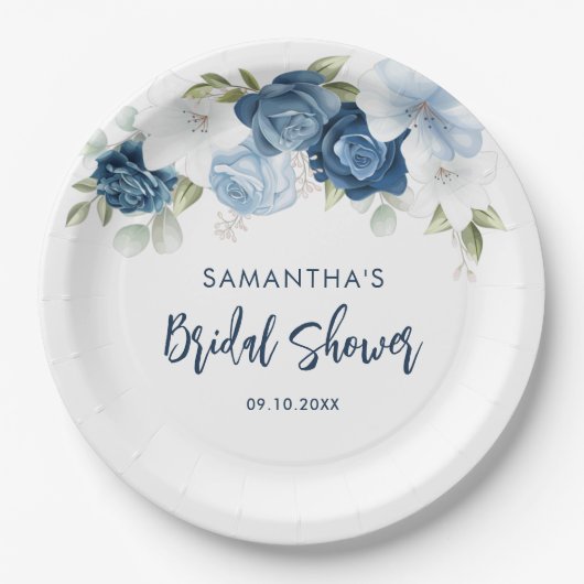 Dusty Blue Floral Script Brautparty Pappteller (Vorderseite)