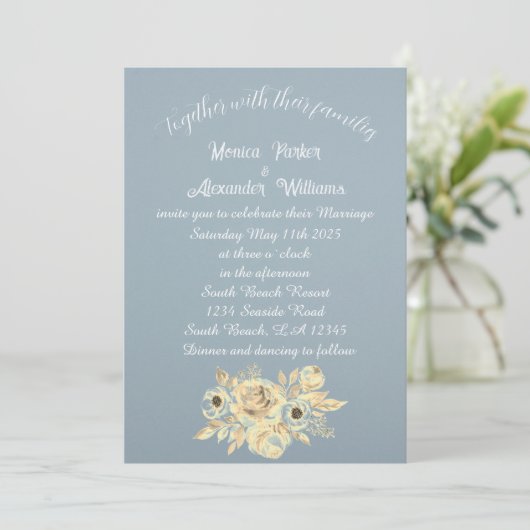 Dusty Blue Floral Script Elegant Boho Einladung (Stehend Vorderseite)
