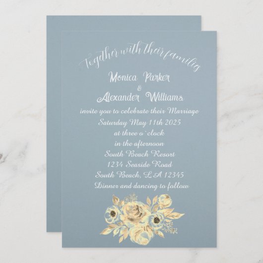 Dusty Blue Floral Script Elegant Boho Einladung (Vorne/Hinten)