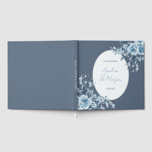 Dusty Blue Floral Script Elegant Wedding  Gästebuch (Voll)