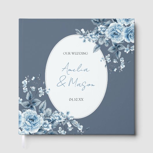 Dusty Blue Floral Script Elegant Wedding  Gästebuch (Vorderseite)
