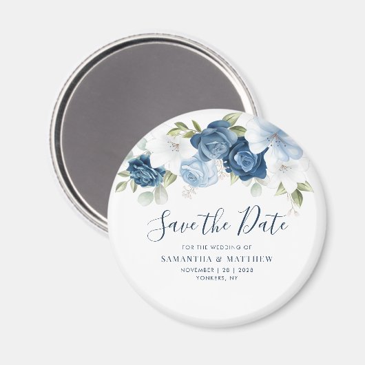 Dusty Blue Floral Script Keepake Save the Date Magnet (Vorderseite/Rückseite)