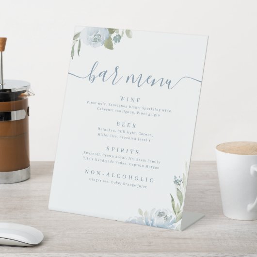 Dusty blue floral script rustic Bar Menu Sockelschild (In SItu)