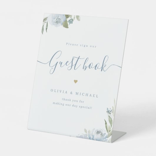 Dusty blue floral script rustic Wedding Guest Book Sockelschild (Vorderseite)