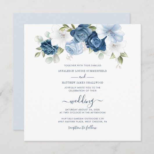 Dusty Blue Floral Script Wedding Einladung (Vorne/Hinten)