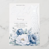 Dusty Blue Floral Silver Foil Dress Brautparty Folieneinladung (Vorderseite)