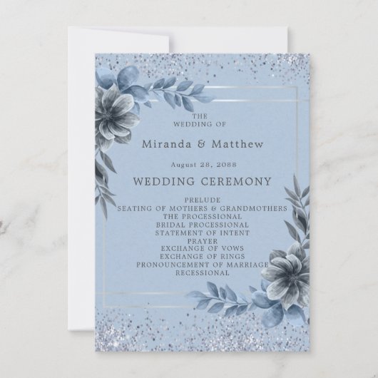 Dusty Blue Floral Silver Wedding Program Einladung (Vorderseite)