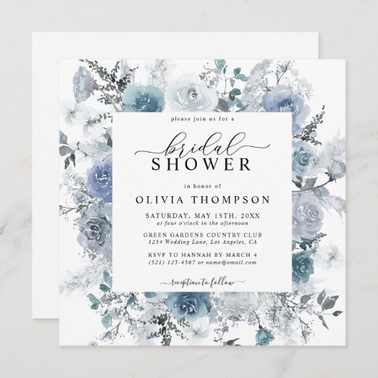 Dusty Blue Floral Slate Pastel Boho Brautparty Einladung (Vorne/Hinten)