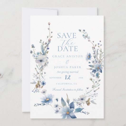Dusty Blue Floral Spring grüne Hochzeit Save The Date (Vorderseite)